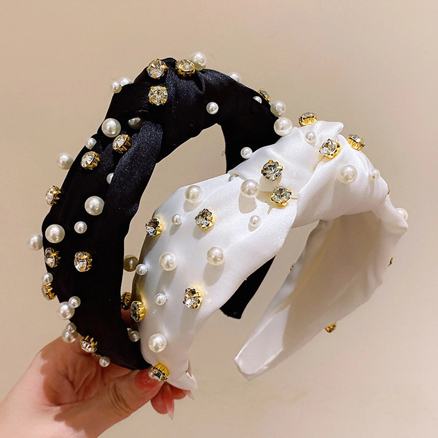 retro lady classic style solid color cloth inlaid pearls hair band