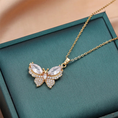 Jewelry Cute Queen Bridal Butterfly Titanium Steel Zircon 18K Gold Plated Inlay Pendant Necklace