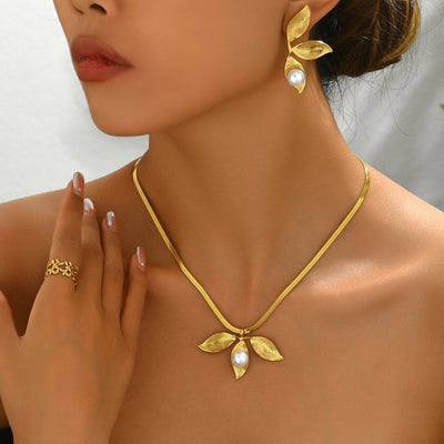 Jewelry Elegant French Style Sweet Leaf Ball 201 Stainless Steel 18K Gold Plated Stainless Steel Jewelry Sets
