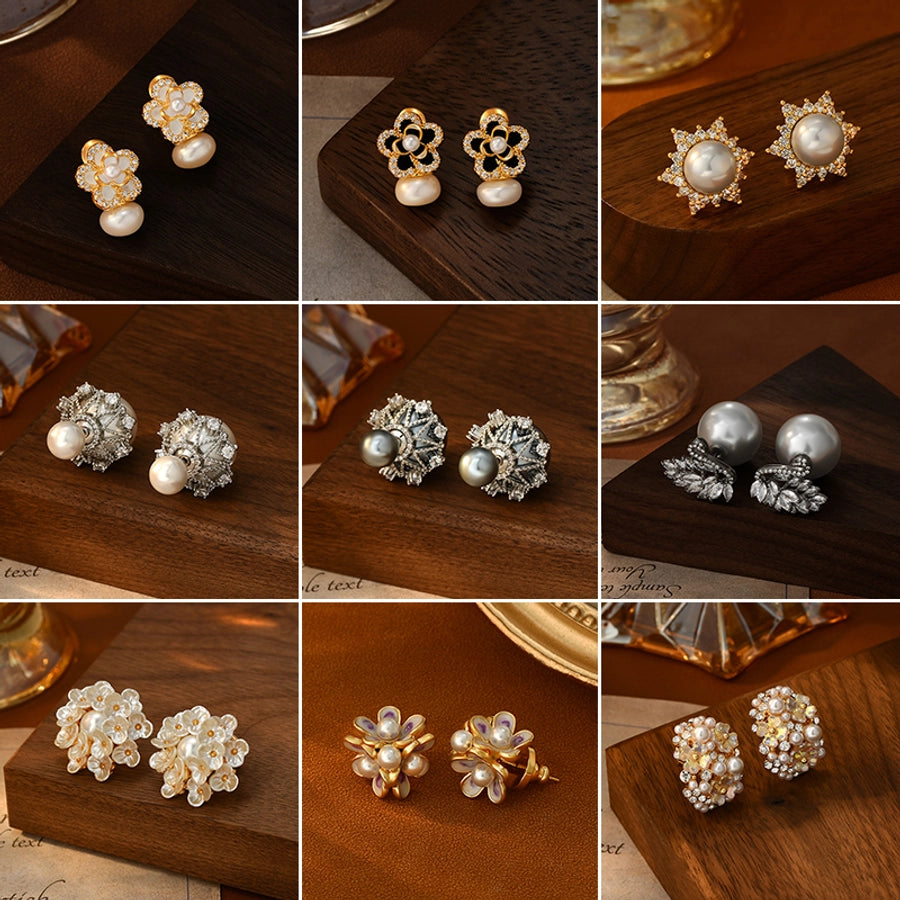 1 Pair Glam Luxurious French Style Flower Inlay Copper Freshwater Pearl Zircon 18K Gold Plated Ear Studs