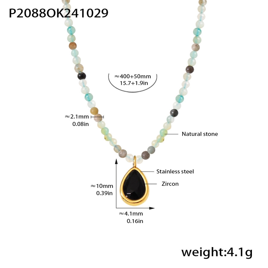 Elegant Vacation Water Droplets 304 Stainless Steel natural stone Zircon Beaded Chain Pendant Necklace In Bulk