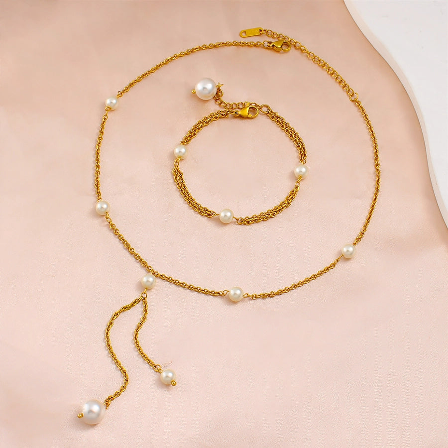 Jewelry French Style Geometric 304 Stainless Steel Glass Pearl 18K Gold Plated Bracelets Necklace