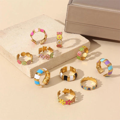 Jewelry Retro Sweet Stripe Flower 304 Stainless Steel Enamel Open Rings
