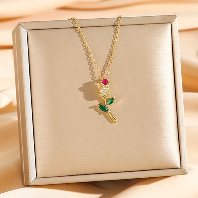 Jewelry Elegant Tulip Titanium Steel Zircon Plating Pendant Necklace