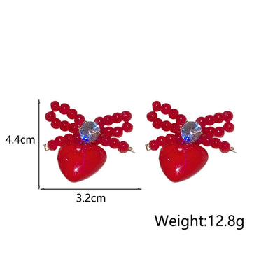 1 Pair IG Style Heart Shape Inlay Copper Resin Glass Bead Zircon Drop Earrings