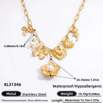 Jewelry Elegant Classic Style Heart Shape Flower 304 Stainless Steel Plating Multi Charms Necklace