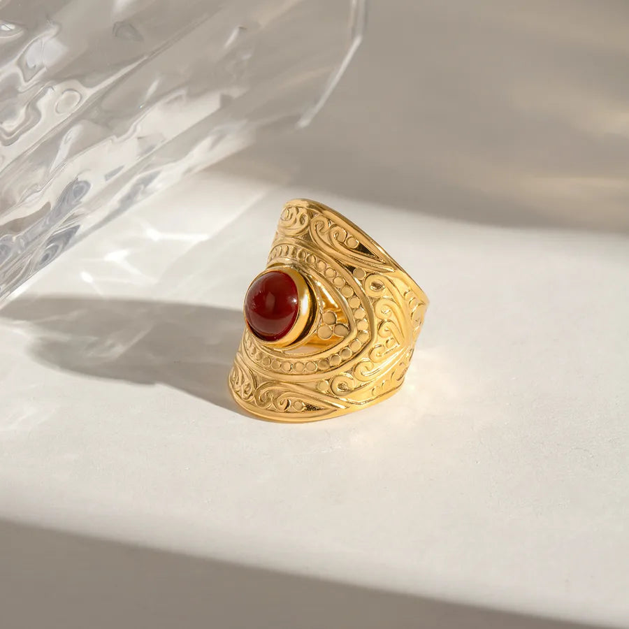 Wholesale Jewelry Simple Style Classic Style Round 304 Stainless Steel Agate 18K Gold Plated Inlay Rings