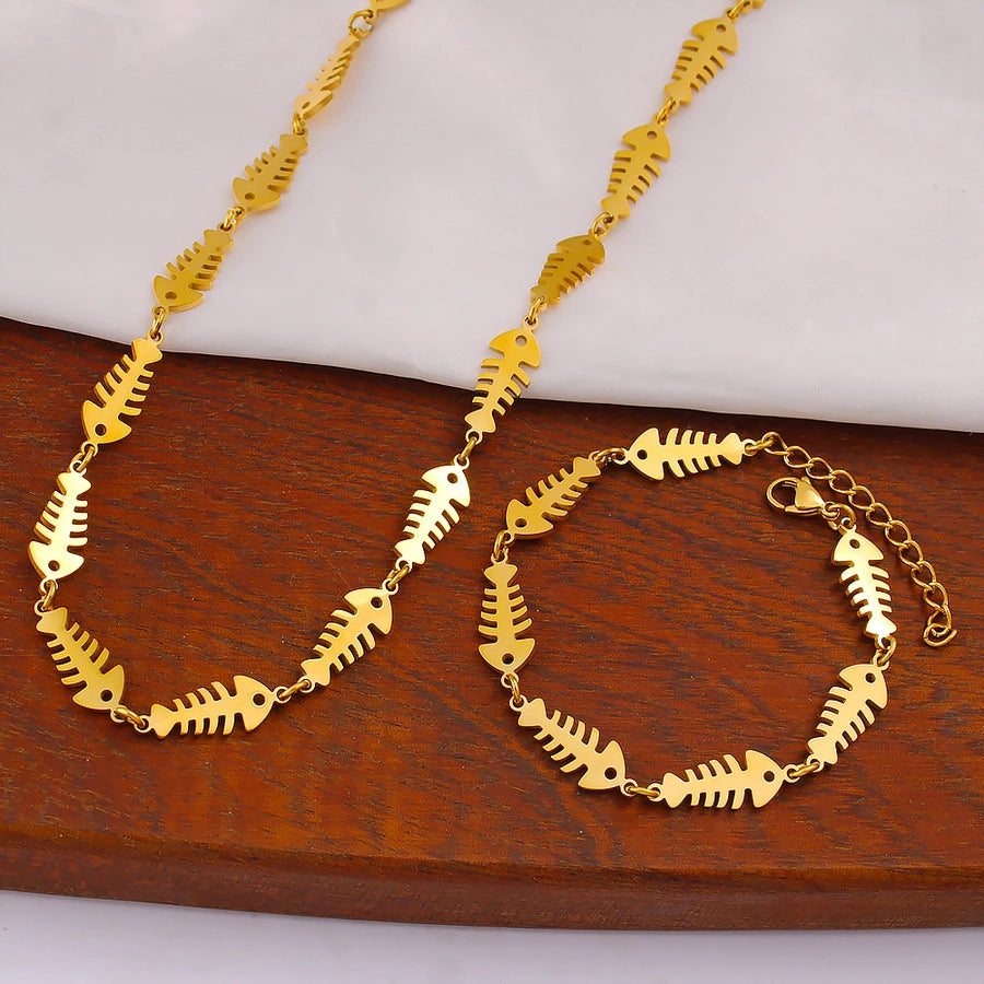 Jewelry IG Style Music Symbol Fish Bone 304 Stainless Steel 18K Gold Plated Bracelets Necklace