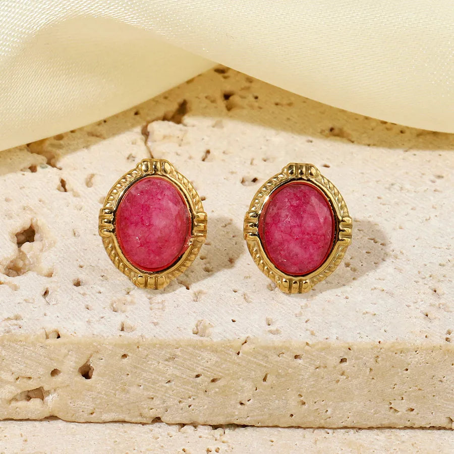 One Pack and Two Pairs Retro French Style Geometric Plating Titanium Steel Natural Stone 14K Gold Plated Ear Studs