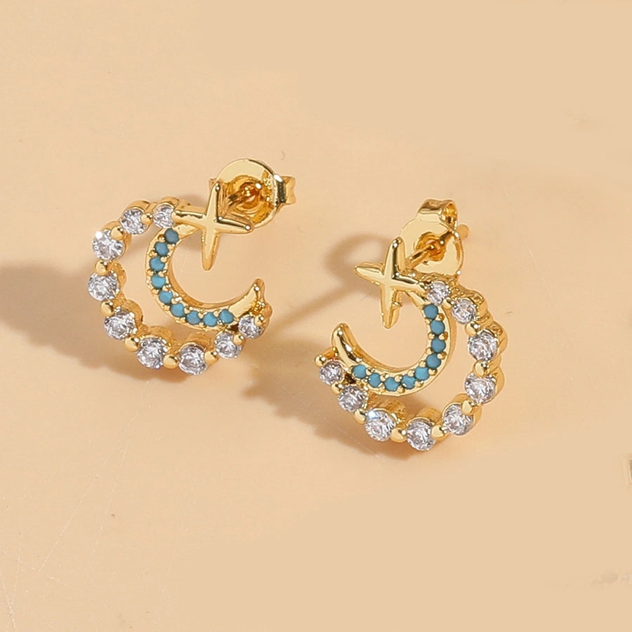1 Pair Elegant Simple Style Commute Moon Copper Zircon 14K Gold Plated Ear Studs