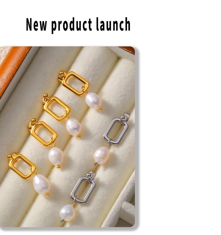 1 Pair Elegant French Style Quadrilateral Oval Plating 304 Stainless Steel Freshwater Pearl 18K Gold Plated Drop Earrings