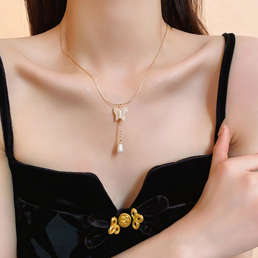 Copper Inlay Butterfly Zircon Pendant Necklace