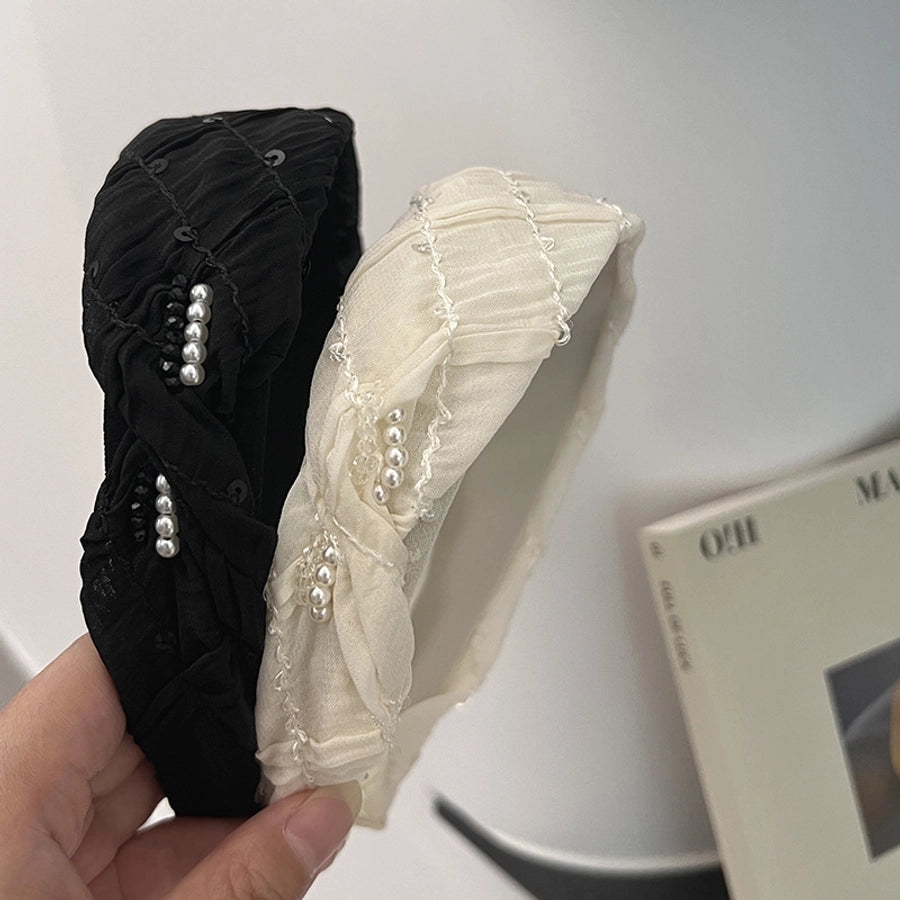 Women's Casual Simple Style Solid Color Cloth Sequins Handmade Pearl Hair Band