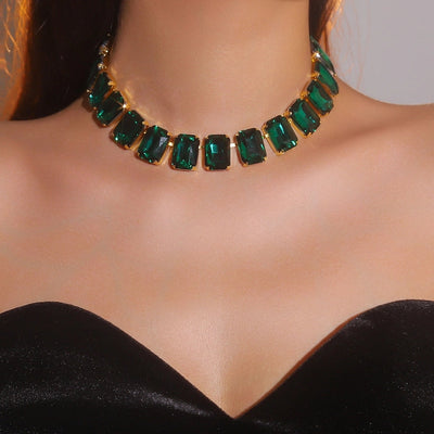 Copper Tennis Chain Inlay Rectangle Rhinestones Pendant Necklace