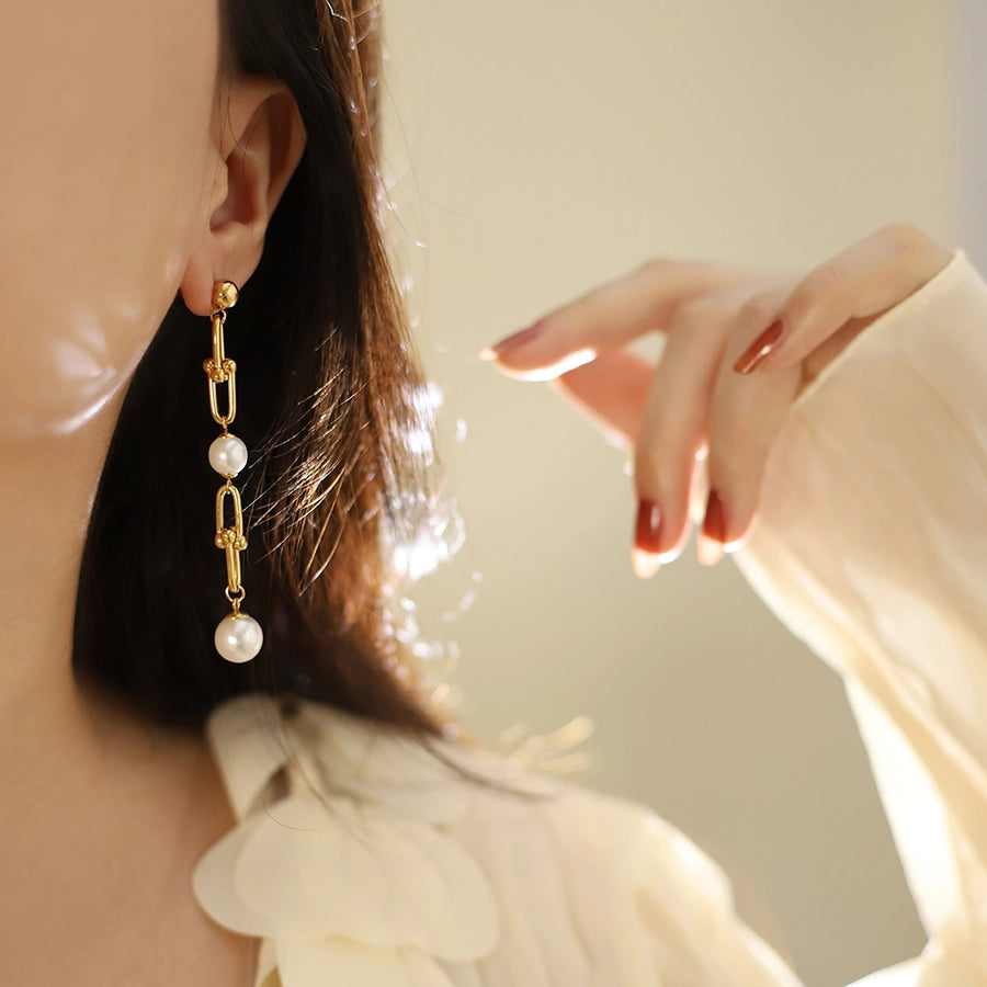 1 Pair Elegant Glam Geometric Inlay 304 Stainless Steel Pearl Drop Earrings