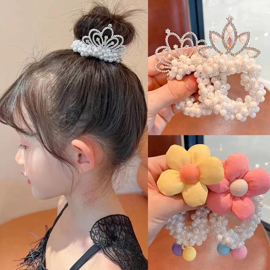 Children's Princess Crown Hair Accessories Pearl Ball Hair Loop Hair Rope Little Girl Hair  Pearl Crown