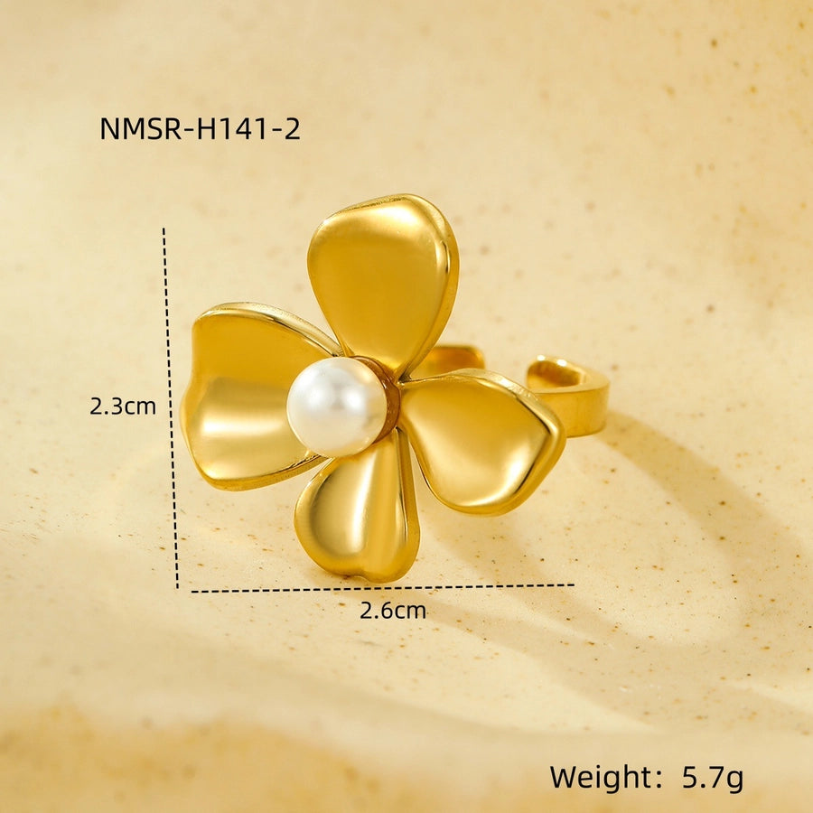 Jewelry Elegant Retro Flower 304 Stainless Steel Natural Stone Pearl Inlay Open Rings