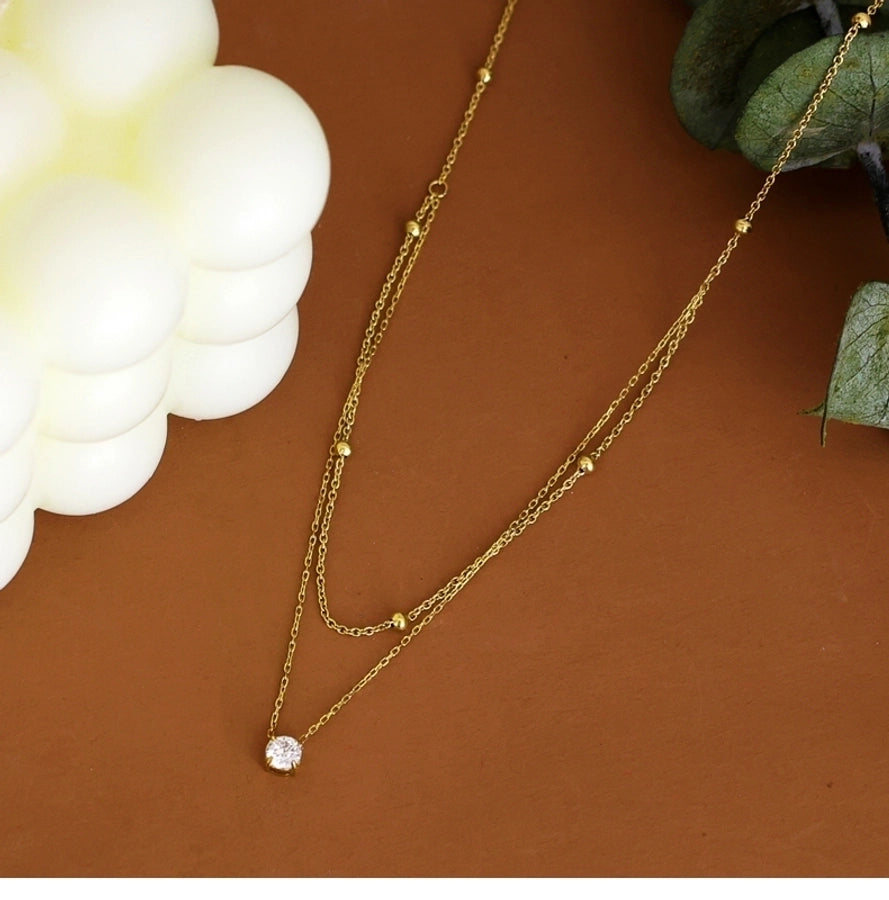 Jewelry Simple Style Round 304 Stainless Steel Zircon 18K Gold Plated Inlay Double Layer Necklaces