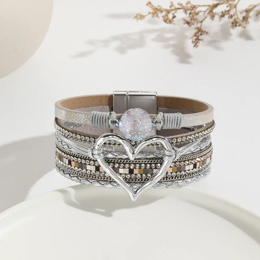 elegant classic style heart shape pu leather inlay rhinestones women's bracelets