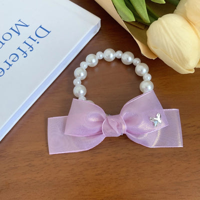 Women's Korean Style IG Style Bow Knot Imitation Pearl Gauze Beaded Hair Tie