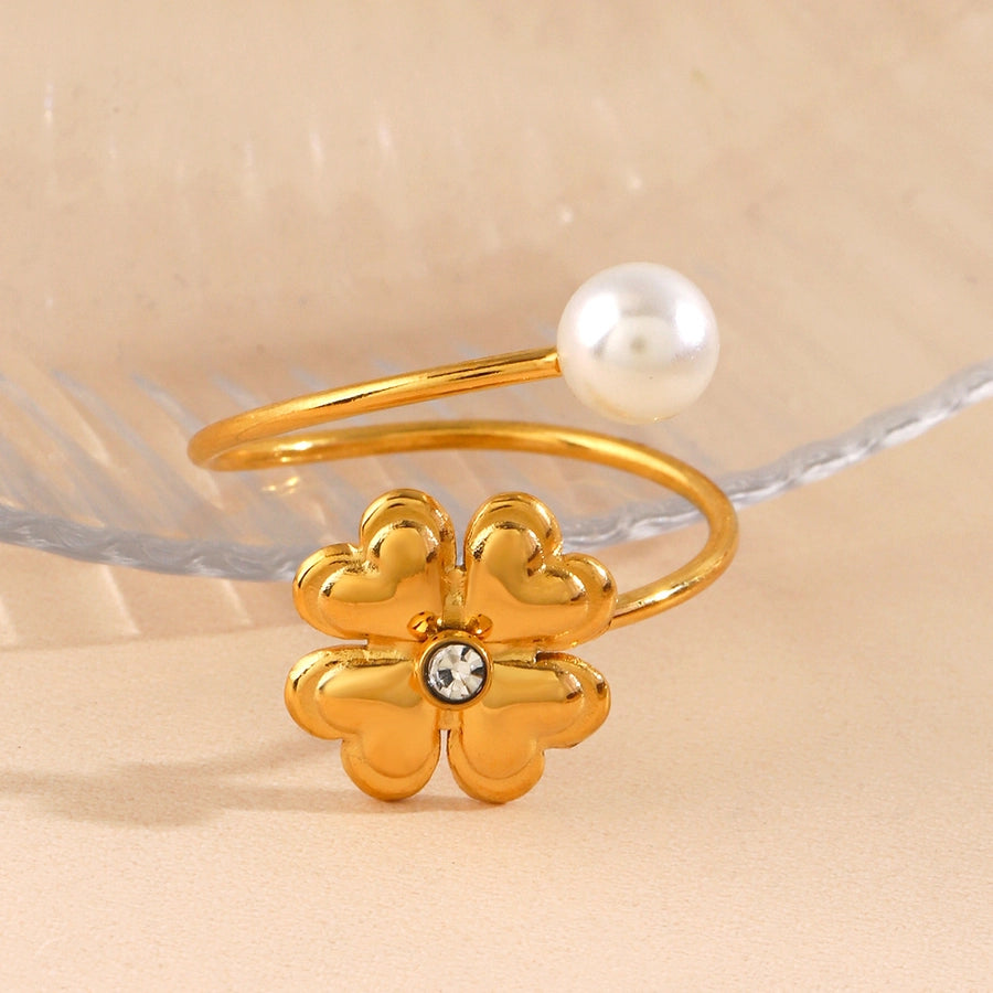 Jewelry IG Style Sweet Four Leaf Clover 304 Stainless Steel Pearl Zircon Inlay Open Rings