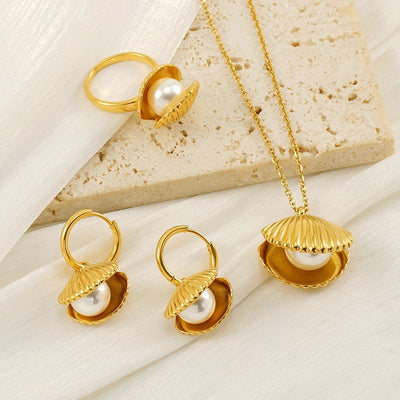 Jewelry IG Style Shell 304 Stainless Steel Artificial Pearls 18K Gold Plated Inlay Rings Earrings Necklace