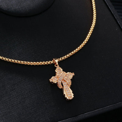 304 Stainless Steel Copper Inlay Cross Zircon Pendant Necklace