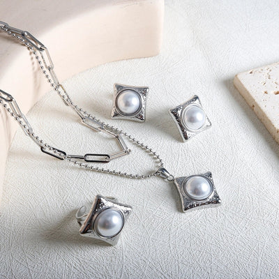 Jewelry IG Style Simple Style Commute Rhombus 304 Stainless Steel Pearl Inlay Rings Earrings Necklace