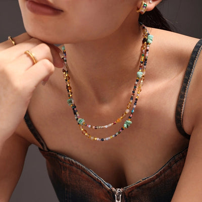 Sweet Cool Style Geometric 304 Stainless Steel Artificial Crystal natural stone 18K Gold Plated Beaded Chain Necklace In Bulk