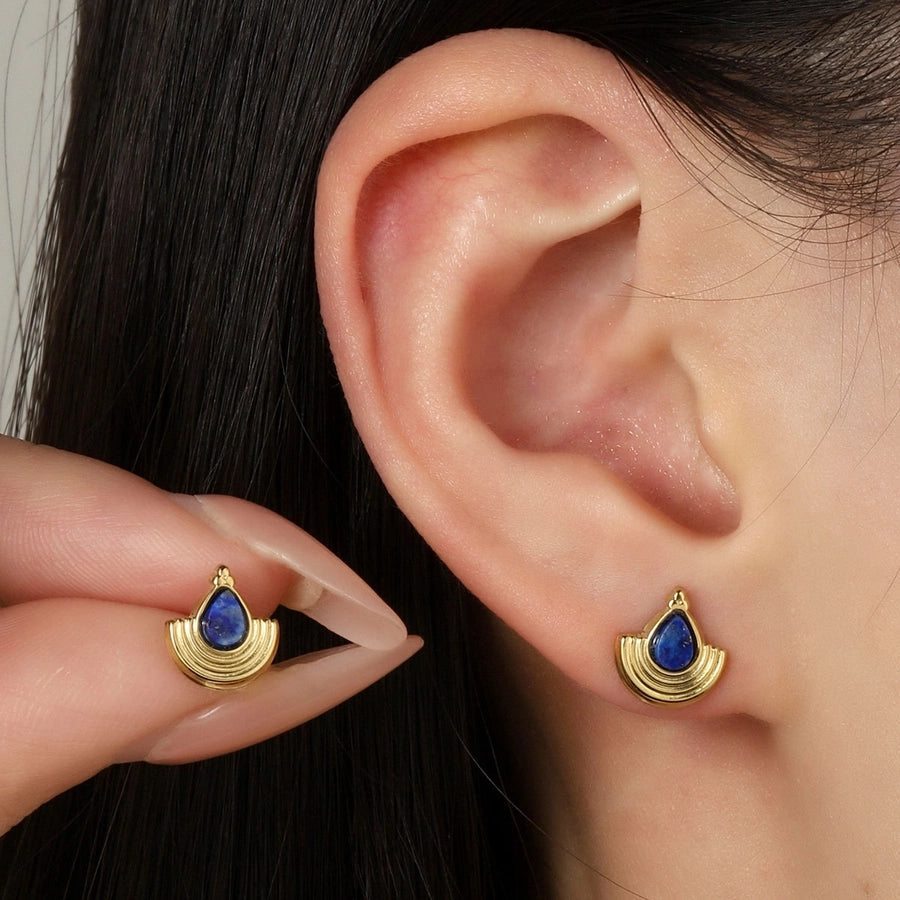 One Pack and Two Pairs Retro French Style Geometric Plating Titanium Steel Natural Stone 14K Gold Plated Ear Studs