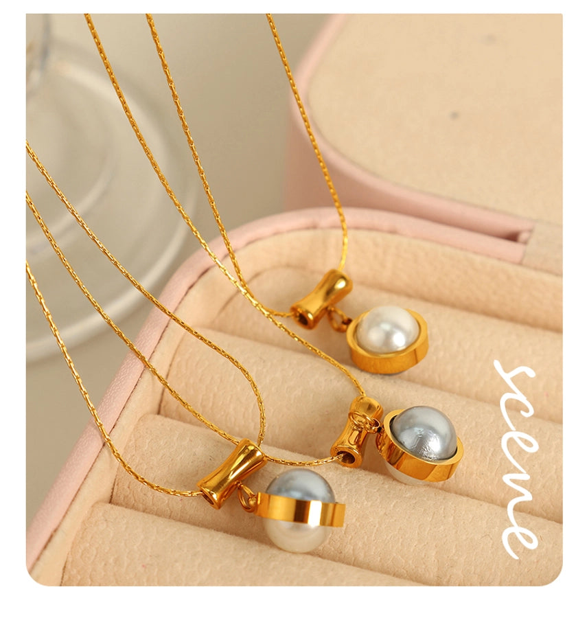 Jewelry IG Style Elegant Round 304 Stainless Steel Artificial Pearls 18K Gold Plated Polishing Inlay Pendant Necklace