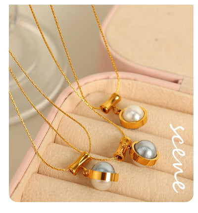 Jewelry IG Style Elegant Round 304 Stainless Steel Artificial Pearls 18K Gold Plated Polishing Inlay Pendant Necklace