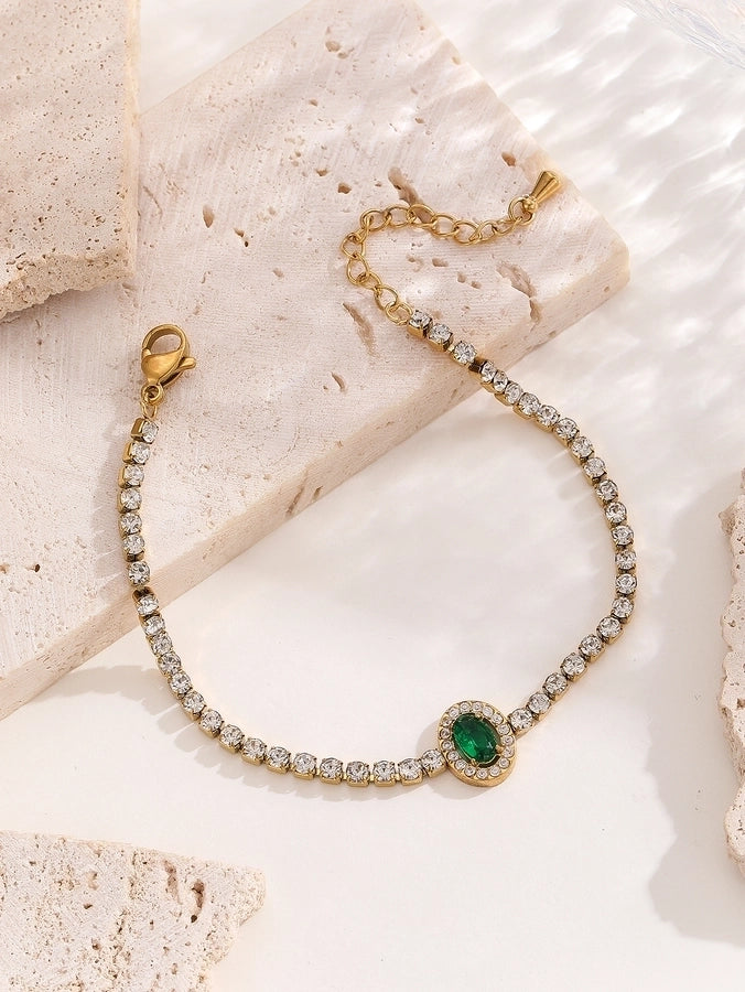 Elegant Lady Streetwear Oval Heart Shape Titanium Steel 18K Gold Plated Artificial Crystal Bracelets In Bulk