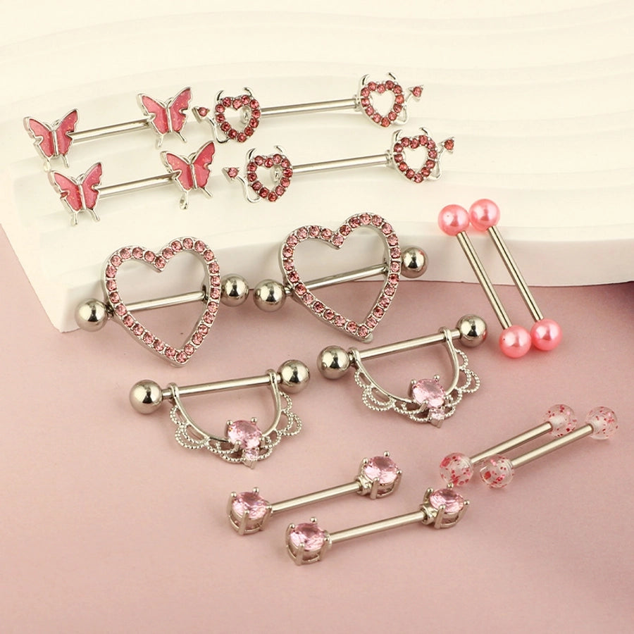 1 Pair Nipple Rings & Studs Hip-Hop Shiny Heart Shape Flower Butterfly 316L Stainless Steel  Copper Inlay Zircon Nipple Rings & Studs