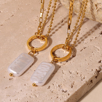 Jewelry Elegant Vacation Rectangle 304 Stainless Steel Baroque pearl 18K Gold Plated Pendant Necklace