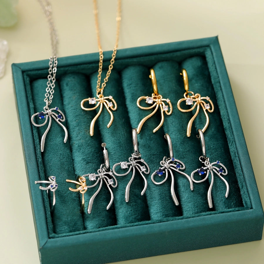 Copper 18K Gold Plated White Gold Plated Asymmetrical Big Bow Bow Knot Zircon Jewelry Set