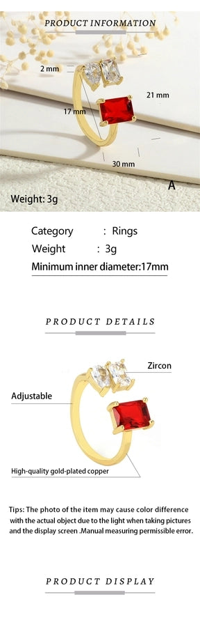 Copper Inlay Geometric Square Zircon Open Rings