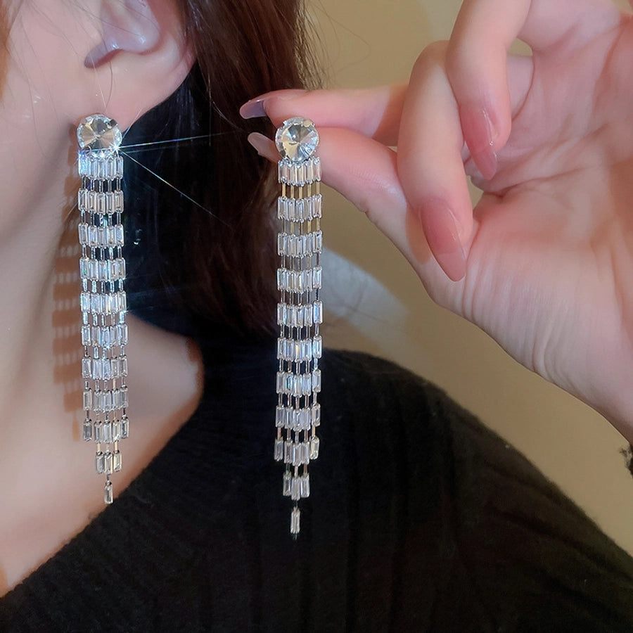 1 Pair Elegant Lady Geometric Tassel Copper Rhinestones Drop Earrings