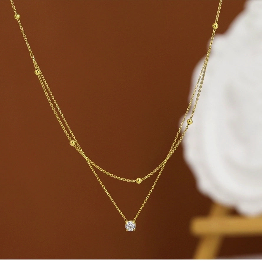 Jewelry Simple Style Round 304 Stainless Steel Zircon 18K Gold Plated Inlay Double Layer Necklaces