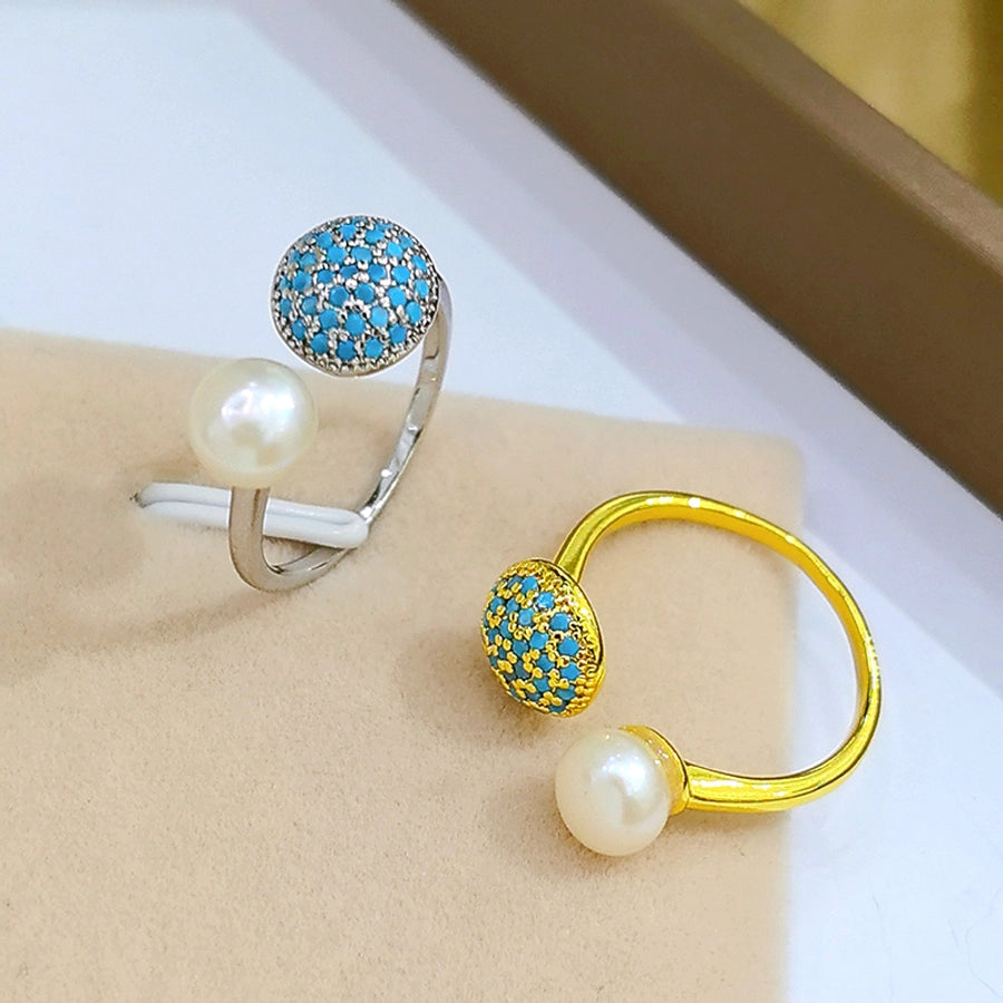 Copper Inlay Round Artificial Pearls Turquoise Copper Rings