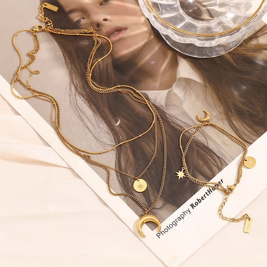 Jewelry Casual Simple Style Star Moon 304 Stainless Steel Titanium Steel 18K Gold Plated Bracelets Necklace