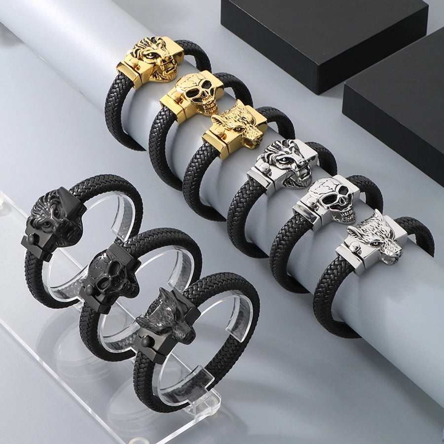 Business Lion's head Wolf Head Skull 304 Stainless Steel Leather 18K Gold Plated Men's Bracelets