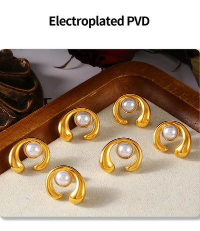 1 Pair Elegant Simple Style Streetwear C Shape Round Plating Inlay 304 Stainless Steel Artificial Pearls Ear Studs