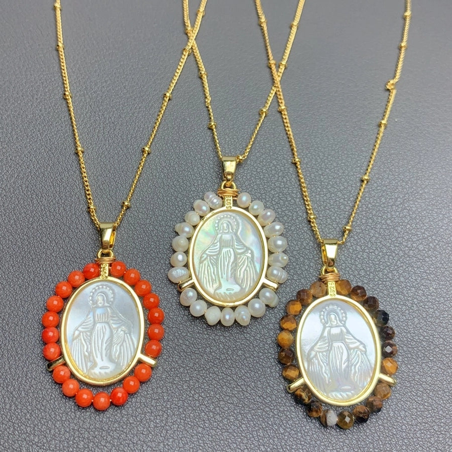 Mother pearl shellfish Copper Geometric Virgin Mary Color Block Pendant Necklace