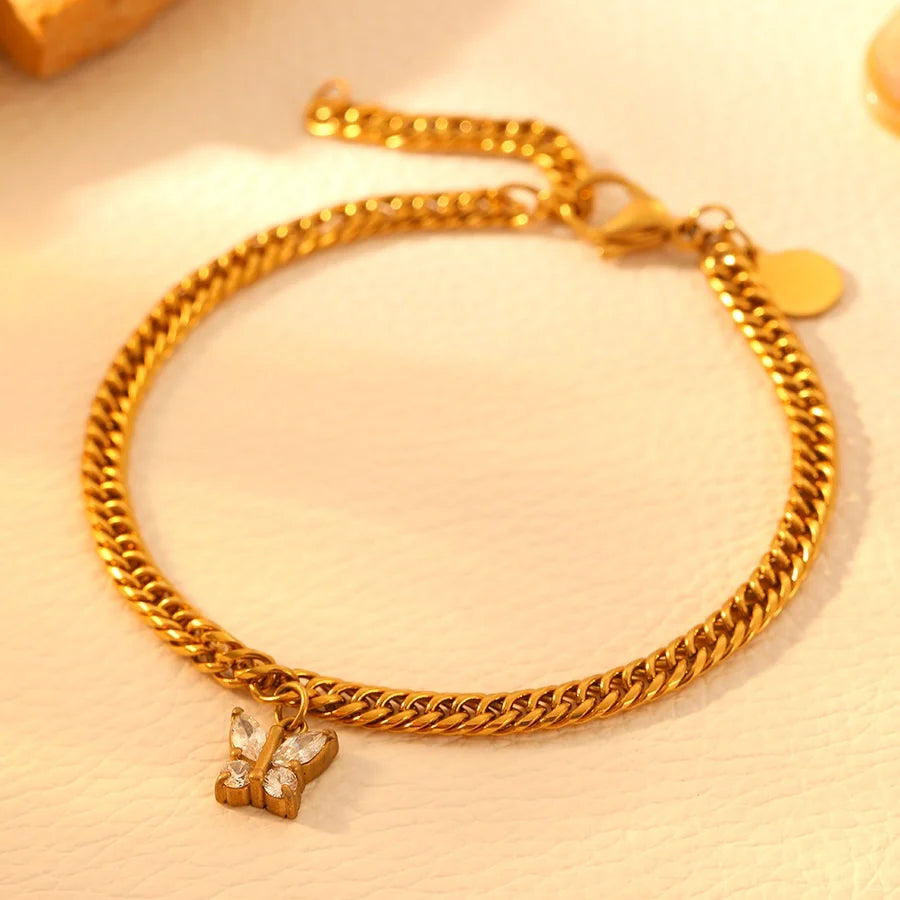Elegant Butterfly Titanium Steel 18K Gold Plated Cuban Link Chain Curb Chain Bracelets In Bulk