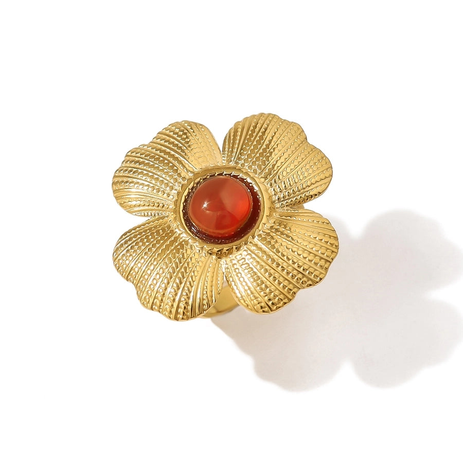 Jewelry Elegant Retro French Style Flower 304 Stainless Steel Natural Stone 18K Gold Plated Inlay Open Rings