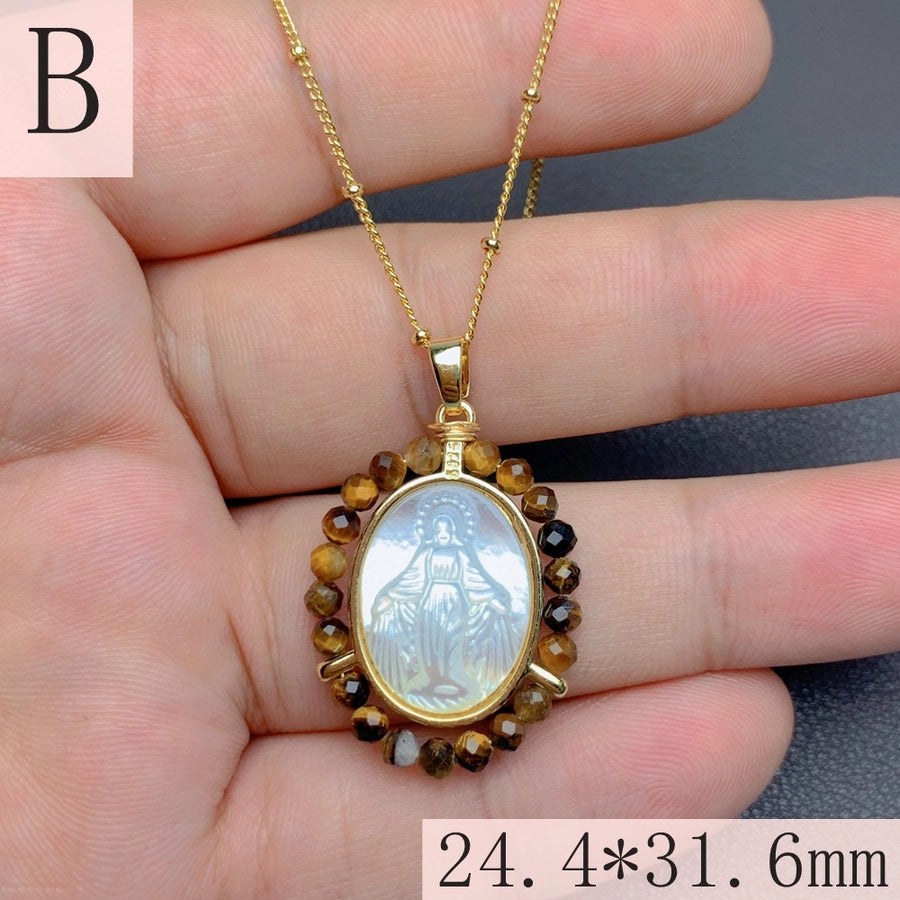 Mother pearl shellfish Copper Geometric Virgin Mary Color Block Pendant Necklace