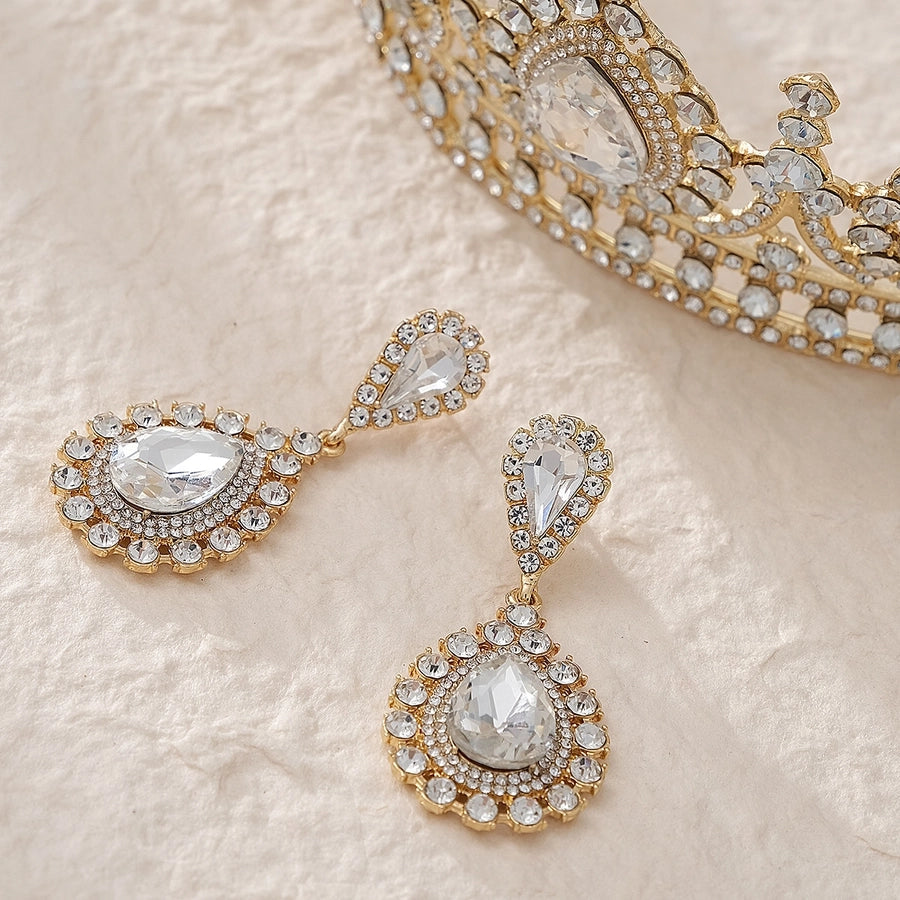 retro water droplets alloy hollow out inlay rhinestones crown earrings