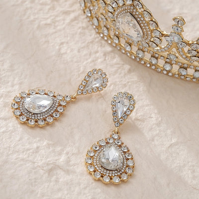 retro water droplets alloy hollow out inlay rhinestones crown earrings