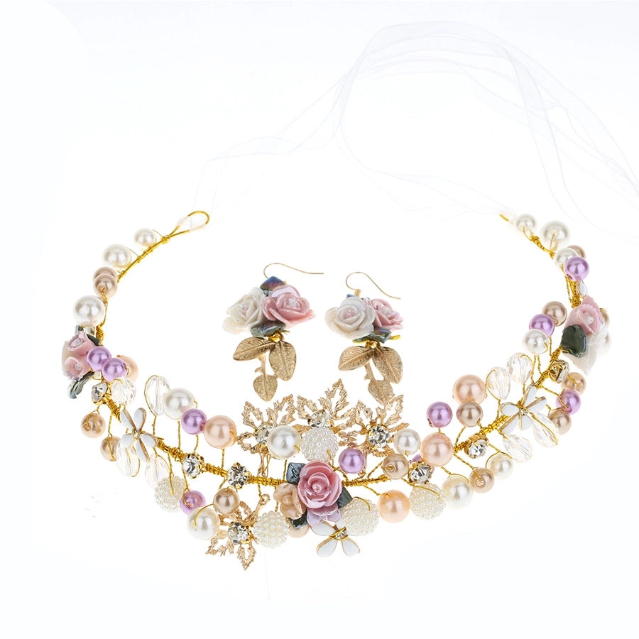 bridal headwear handmade pearl ceramic flower headband earrings set